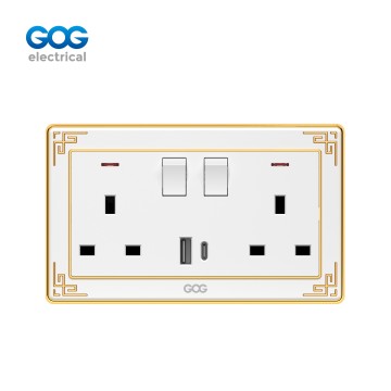 A32 GOG PC  wall switched socket 13A 2 gang with neon, 1 USB + 1 type C , A32492C, Imported high-transparent, high-strength PC