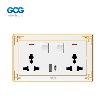 A32 GOG PC  wall switched socket 2 gang MF with neon, 1 USB + 1 type C, A32588C, Imported high-transparent, high-strength PC