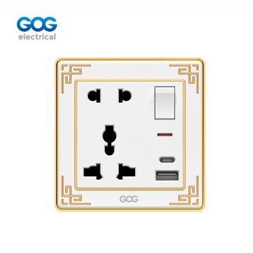 A32 GOG PC  wall switched socket 1 gang  5 pin MF with neon,1 USB + 1 type C, A32497C, Imported high-transparent, high-strength PC