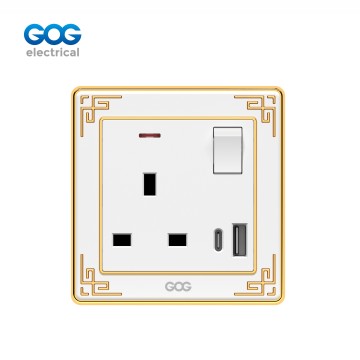 A32 GOG PC  wall switched socket  13A 1 gang with neon, 1 USB + 1 type C, A32491C, Imported high-transparent, high-strength PC