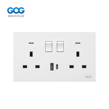 A61 GOG PC  wall switched socket 13A 2 gang with neon, 1 USB + 1 type C, A61492C, Imported high-transparent, high-strength PC