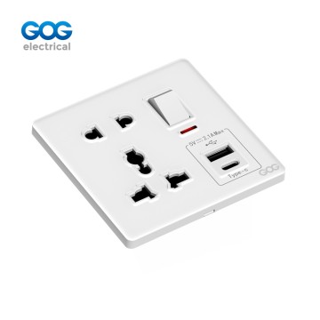 K3 Ultra-Thin Skin Feel Gog Glass Wall Switched Socket 1 Gang 5 Pin Mf With Neon, 1 Usb + 1 Type C, K497C, Glass