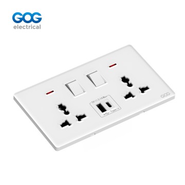 K3 Ultra-Thin Skin Feel Gog Glass Wall Switched Socket 2 Gang MF With Neon, 1 Usb + 1 Type C,K588C,Glass