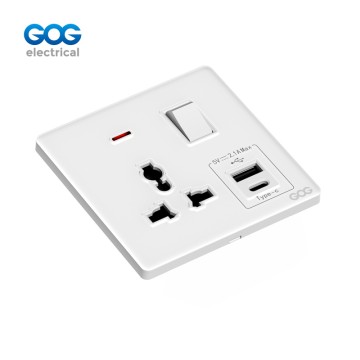 K3 Ultra-Thin Skin Feel Gog Glass Wall Switched Socket 1 Gang MF With Neon, 1 Usb + 1 Type C,K587C,Glass
