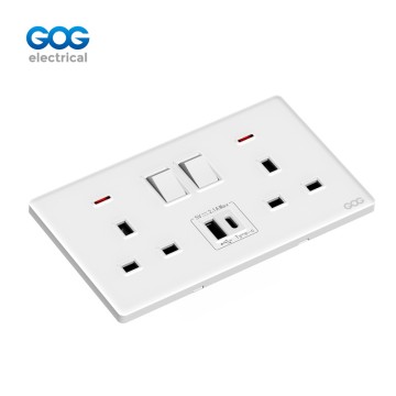 K3 Ultra-Thin Skin Feel Gog Glass Wall Switched Socket 13a 2 Gang With Neon, 1 Usb + 1 Type C,K492C,Glass