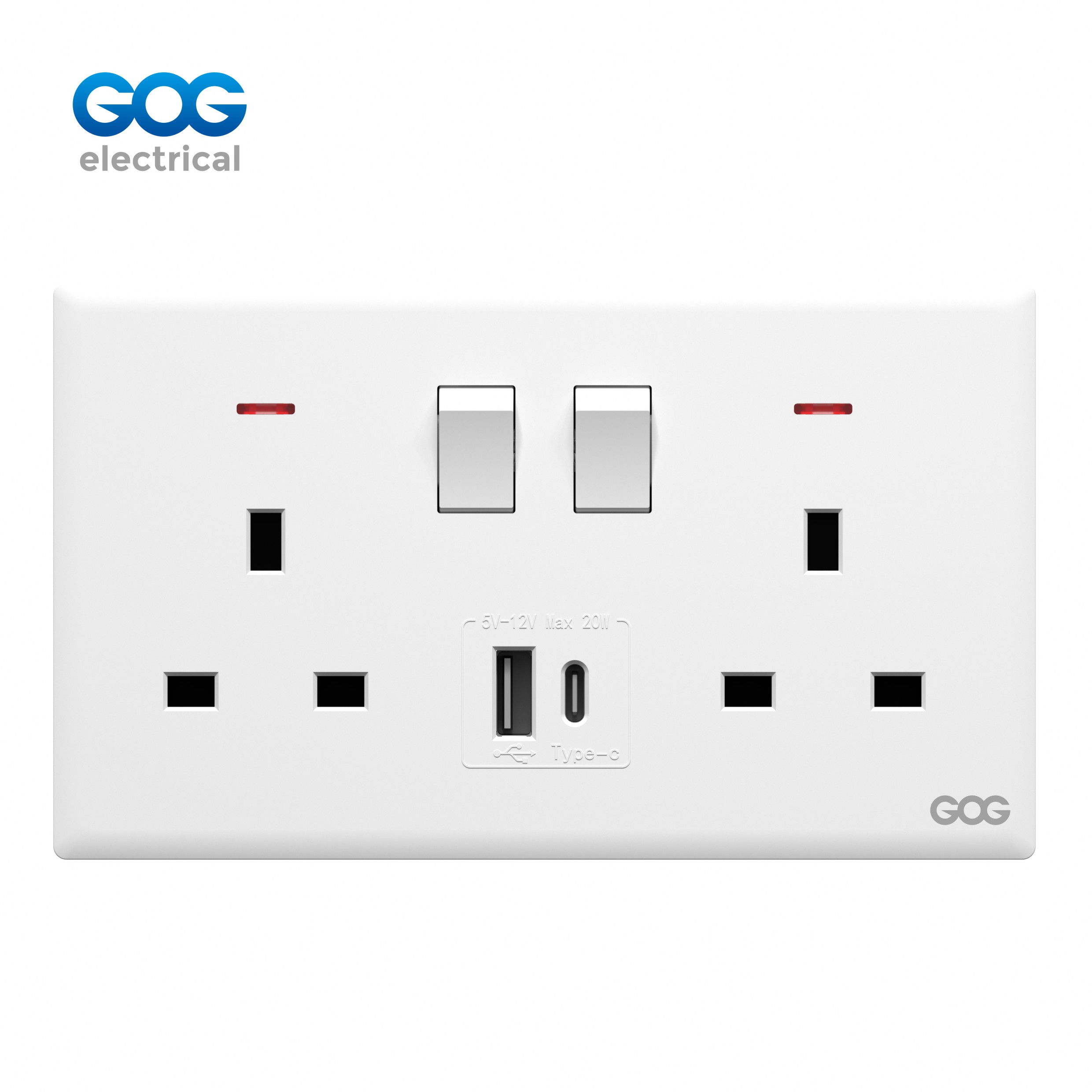 R12 Ultra-thin skin feel GOG PC wall switched socket 2 gang MF with neon, 1 USB + 1 type C R12588C Imported high-transparent, high-strength PC