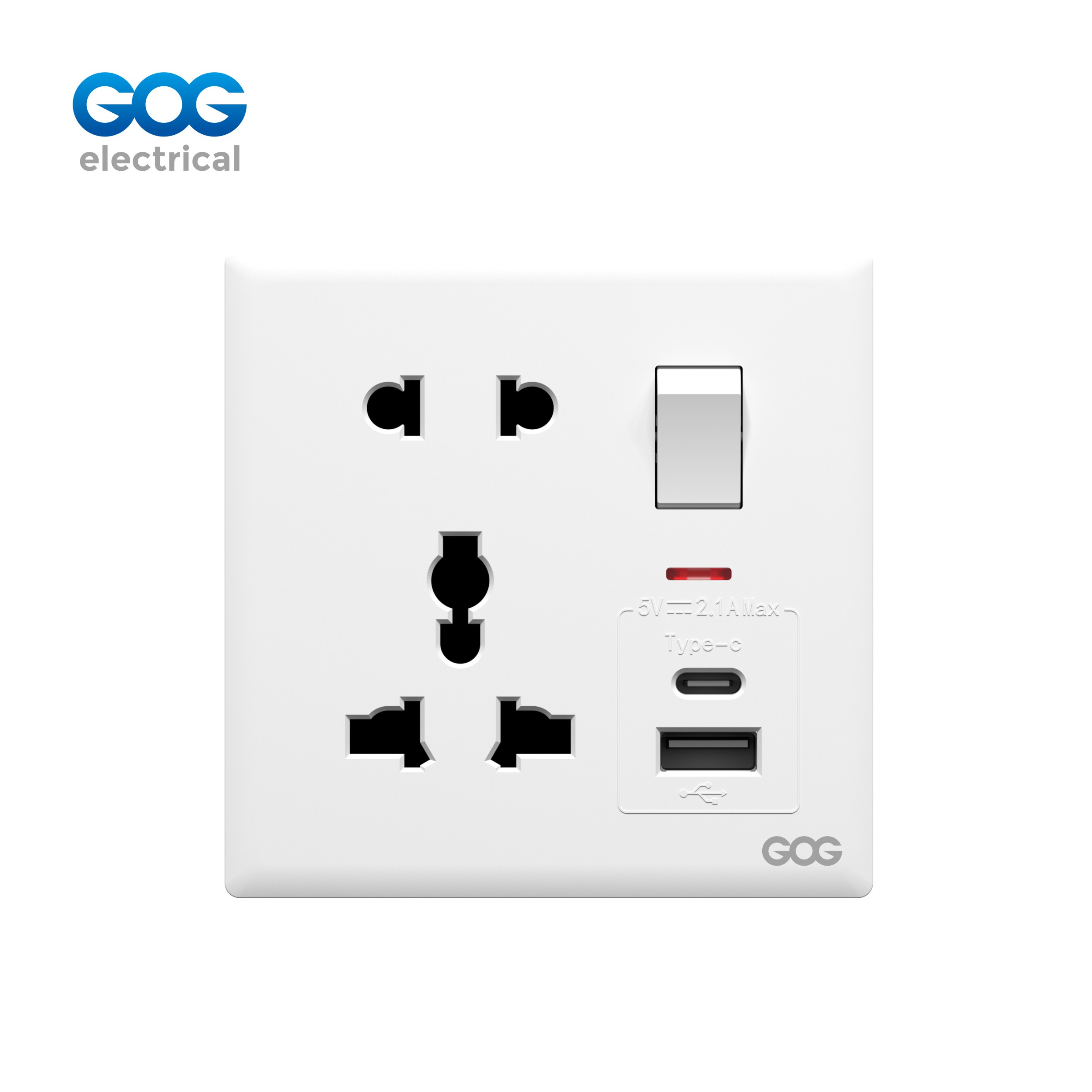 R12 Ultra-thin skin feel GOG PC wall switched socket 1 gang 5 pin MF with neon,1 USB + 1 type C R12497C Imported high-transparent, high-strength PC