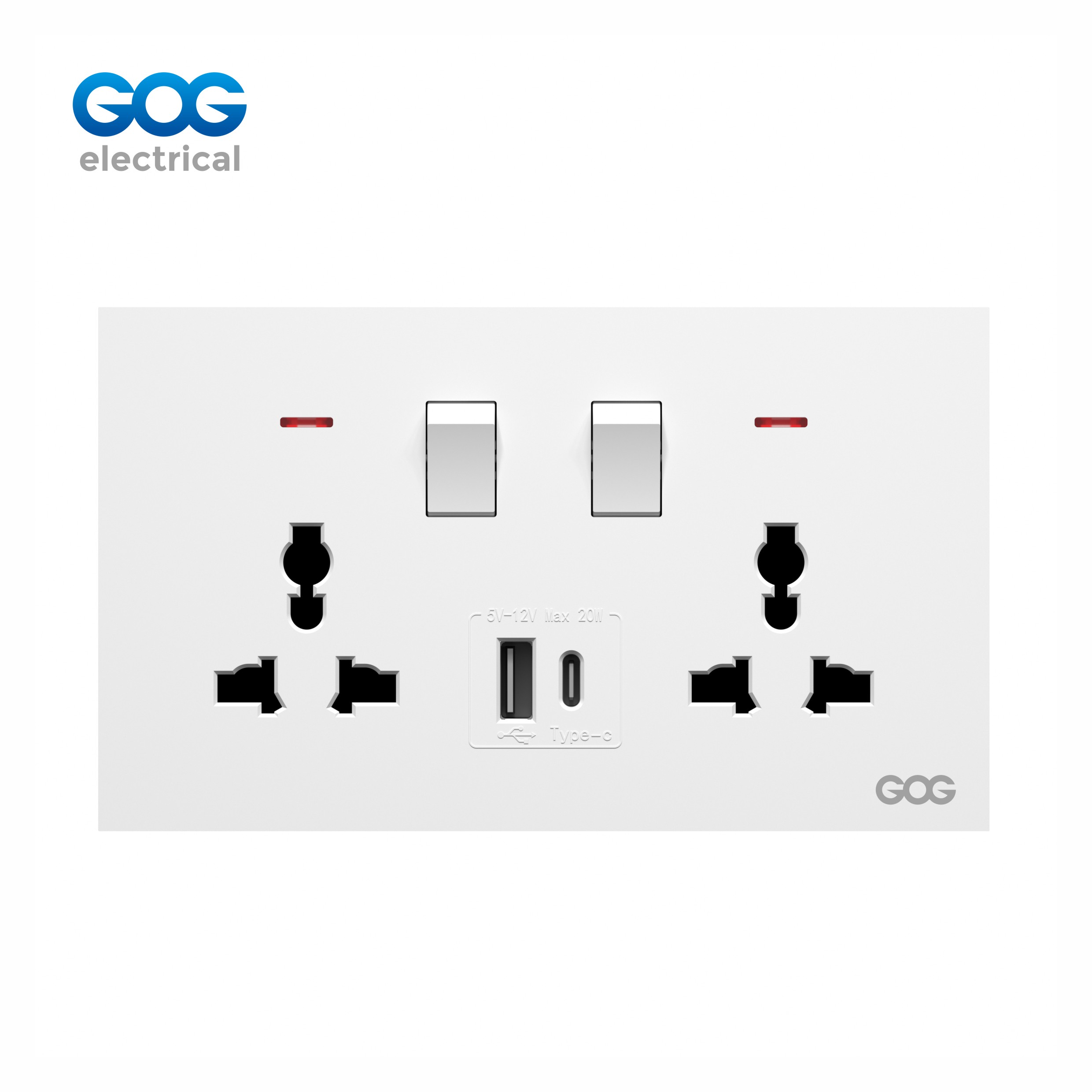 R10 Ultra-thin skin feel GOG PC wall switched socket 2 gang MF with neon, 1 USB + 1 type C R10588C Imported high-transparent, high-strength PC
