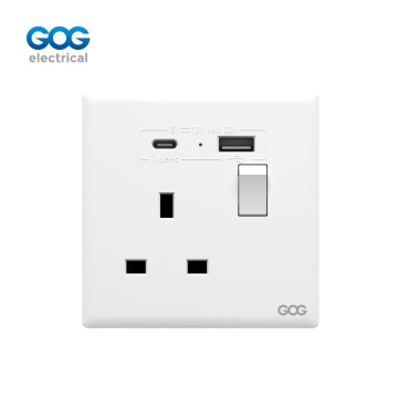 R12 Ultra-thin skin feel GOG PC wall switched socket 13A 1 gang with neon, 1 USB + 1 type C R12491C Imported high-transparent, high-strength PC