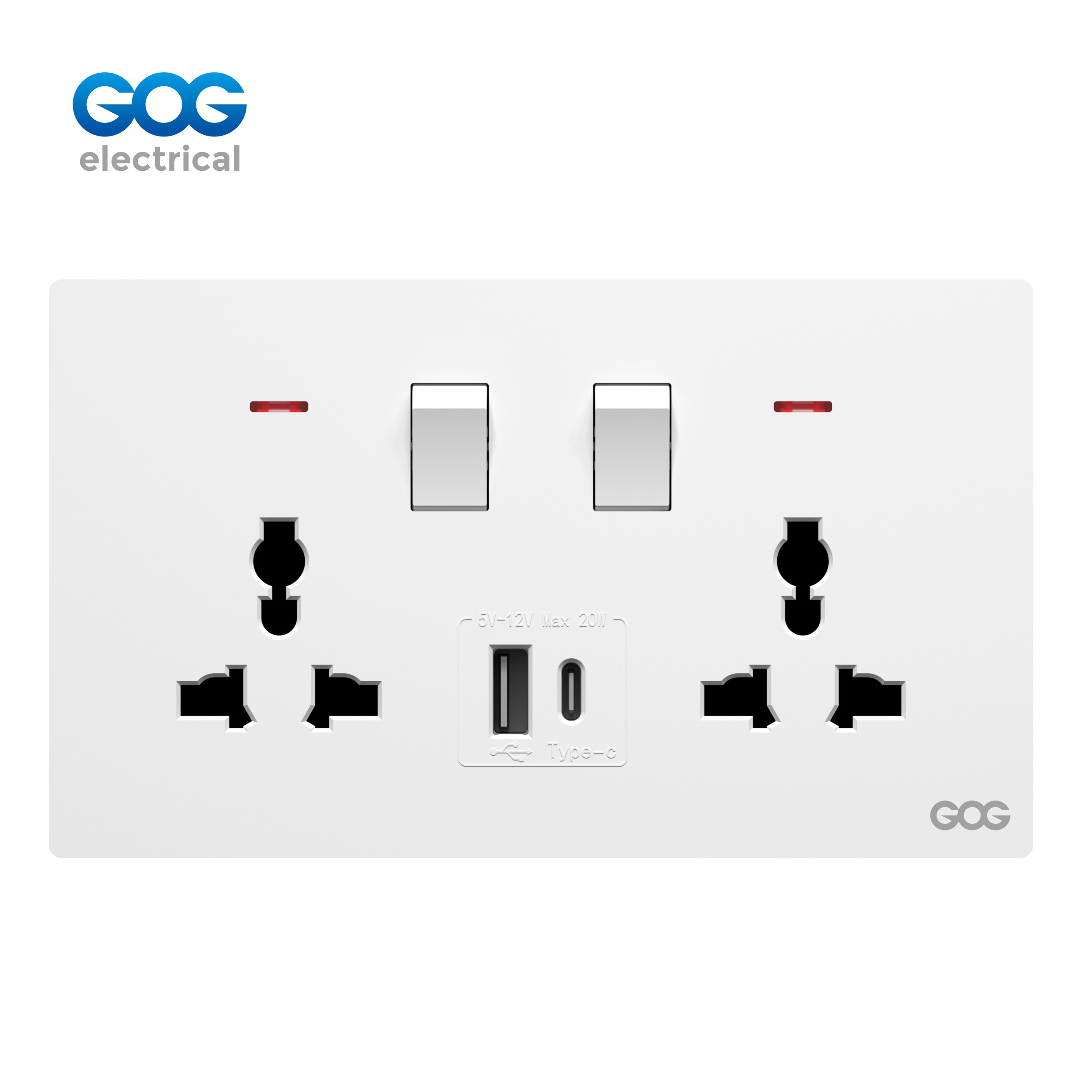 R13 Ultra-thin skin feel GOG PC wall switched socket 2 gang MF with neon, 1 USB + 1 type C R13588C Imported high-transparent, high-strength PC