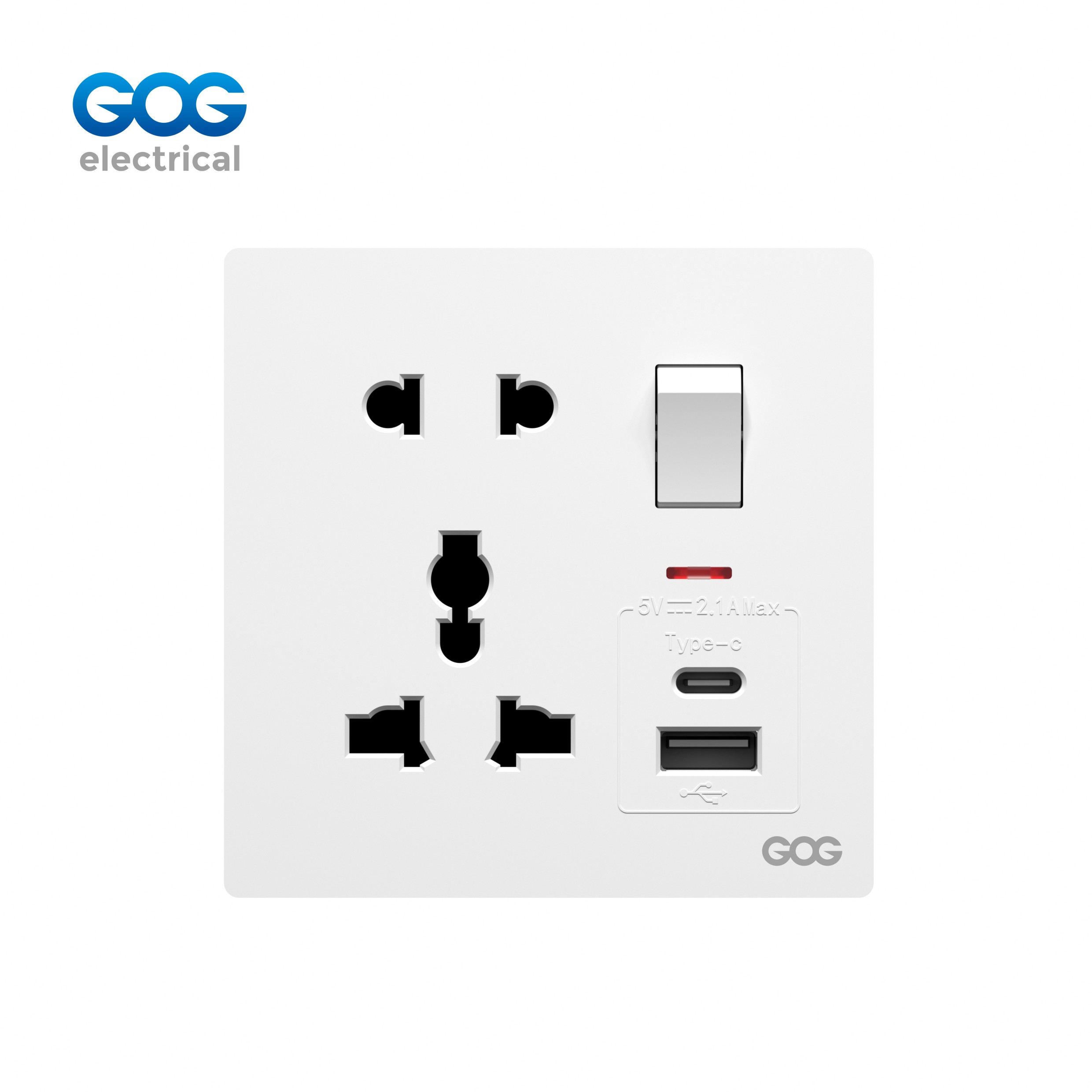 R13 Ultra-thin skin feel GOG PC wall switched socket 1 gang 5 pin MF with neon,1 USB + 1 type C R13497C Imported high-transparent, high-strength PC