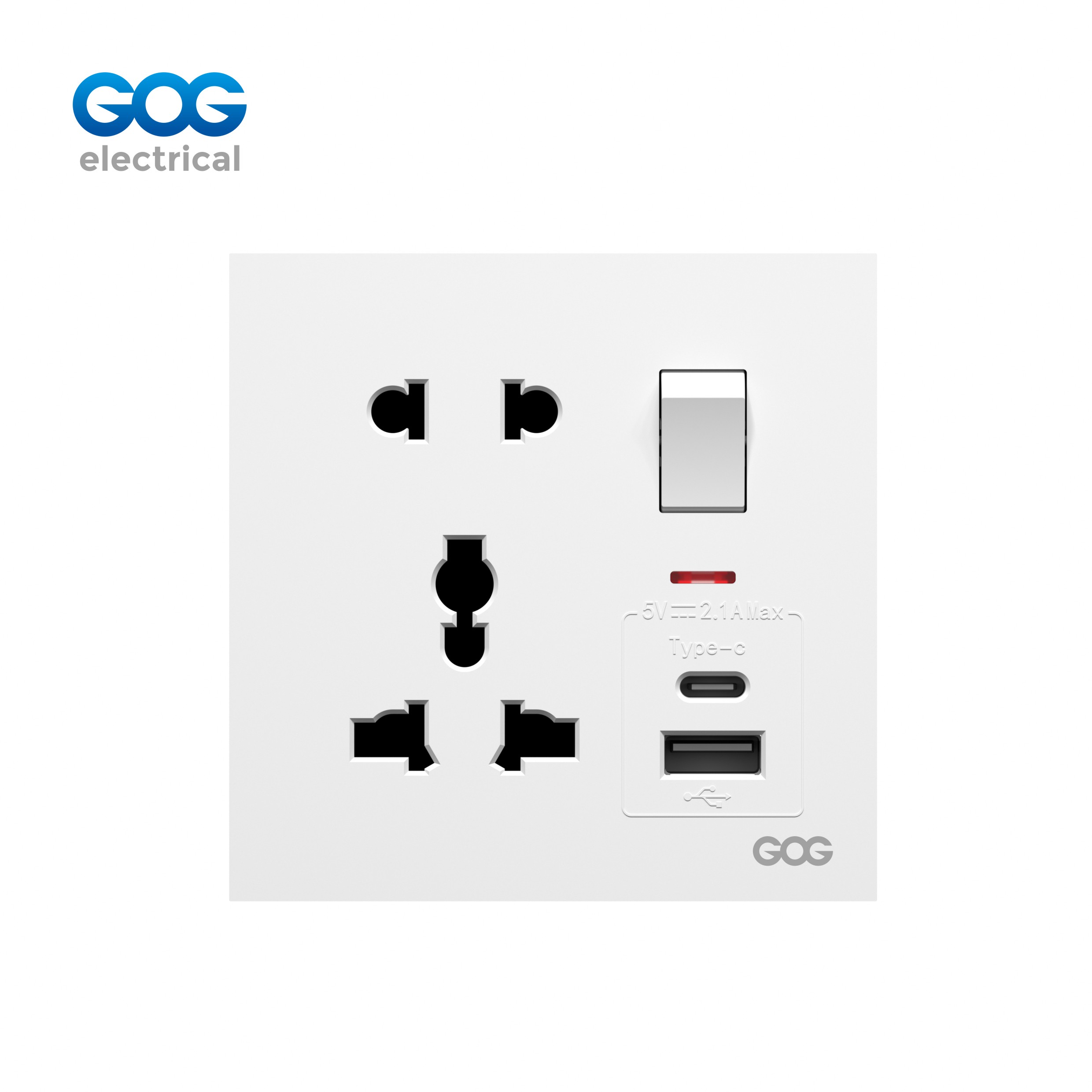 R10 Ultra-thin skin feel GOG PC wall switched socket 1 gang 5 pin MF with neon,1 USB + 1 type C R10497C Imported high-transparent, high-strength PC