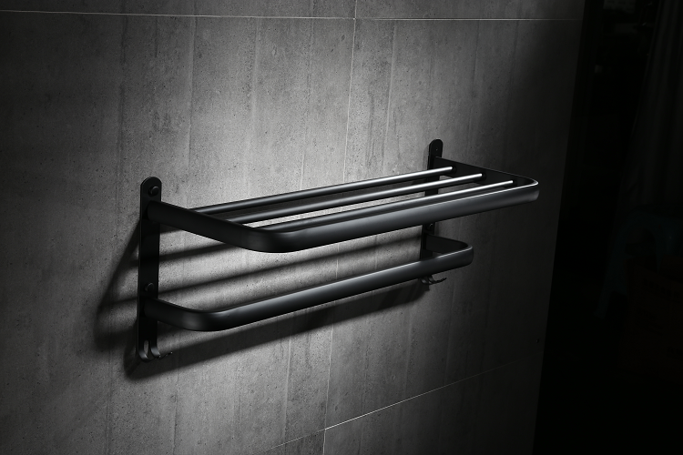 Bathroom Black Towel Rack Perforated Storage Rack Toilet Towel Wall Mounted Foldable Rack-product