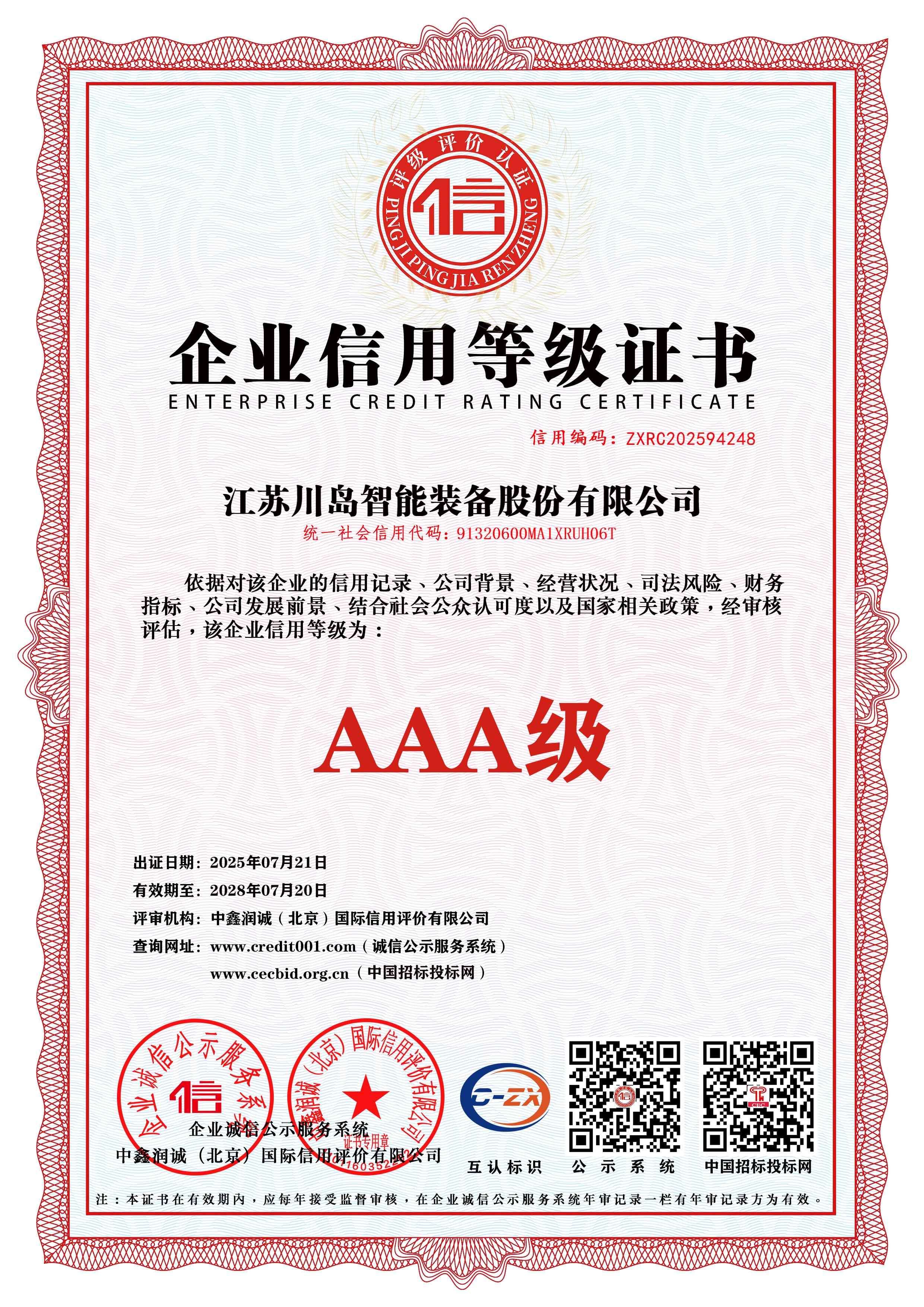 Enterprise Credit rating certificate