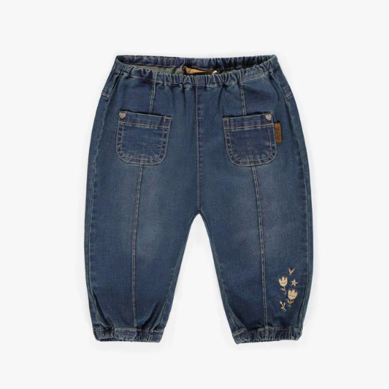 Pants in Relaxed Fit in Light Denim With Flower Embroidery, Baby