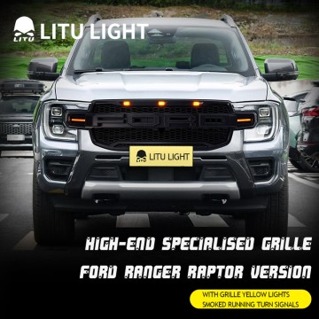 Raptor-Style Front Grille for Ford Ranger – Matte Black Mesh with 3 Amber LED Lights & FORD Letter Accessories - FORD Ranger Front Grille