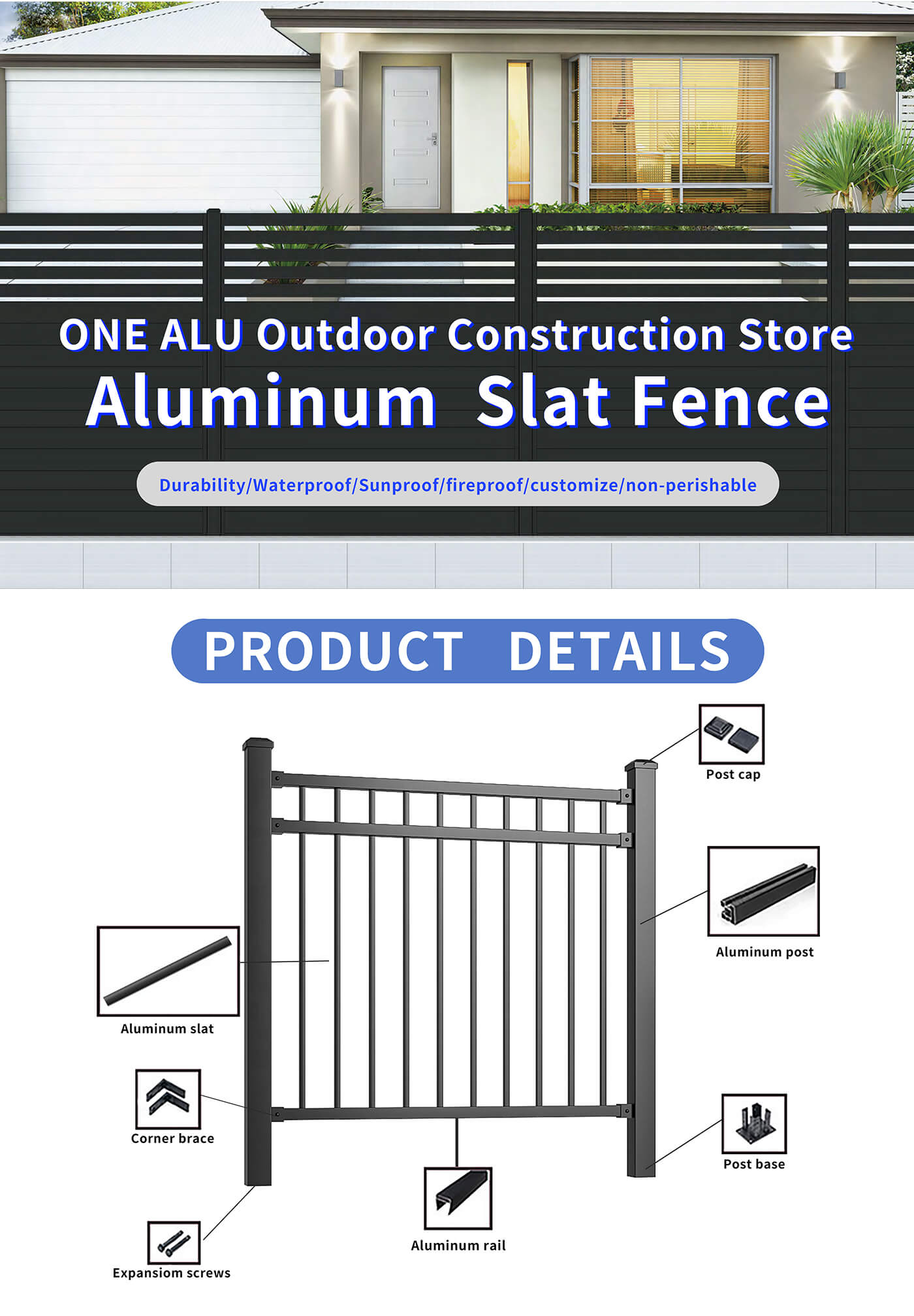 Decorative Anti Climb Outdoor Garden Aluminum Privacy Fence Outdoor Horizontal Slat Fence Panels