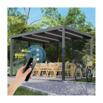 Aluminum motorized Louvered bioclimatic Pergola custom size flip shutter waterproof with LED light for outdoor patio