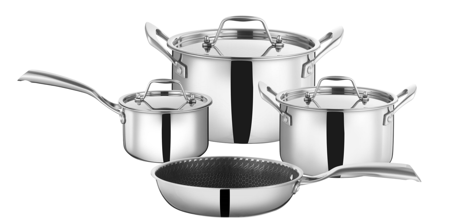 Mirror Polished Tri-Ply 7PCS Cookware with Non-Stick Honeycomb Frypan