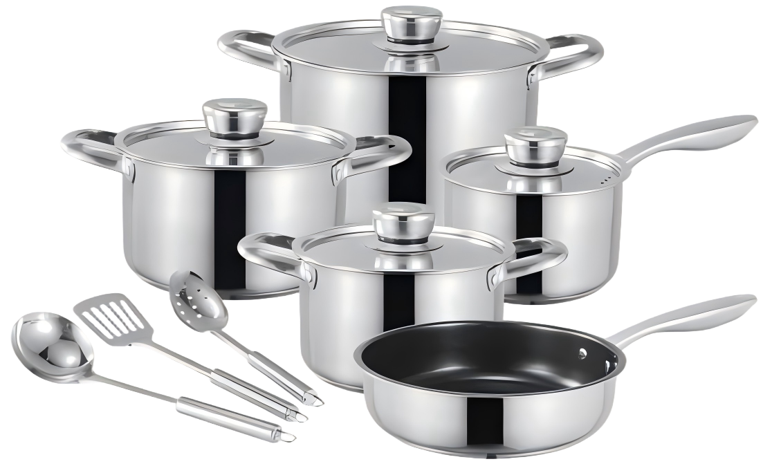WEIHUA Straight Body 12PCS Cookware Set with Steel Lids, Tools & Non-Stick