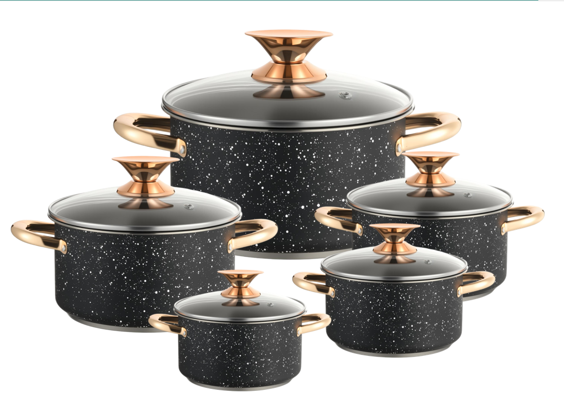 WEIHUA Black Marble Coating 10PCS Straight Cookware Set with Rose Gold Handles