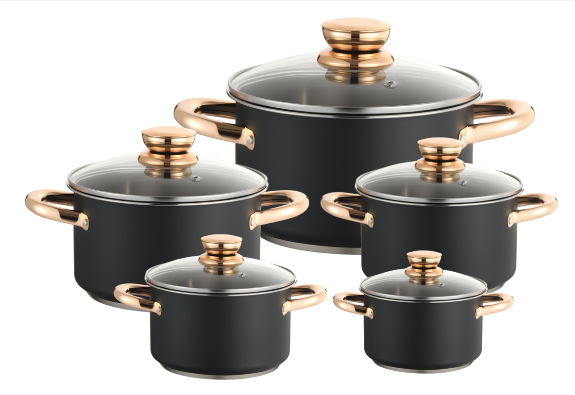 WEIHUA Matte Black 10PCS Straight Cookware Set with Rose Gold Handles