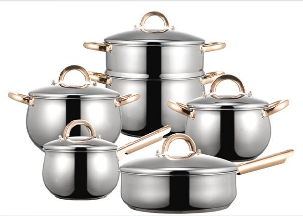 WEIHUA Rose Gold Handle 10PCS Belly Cookware Set with Steamer & Steel Lids