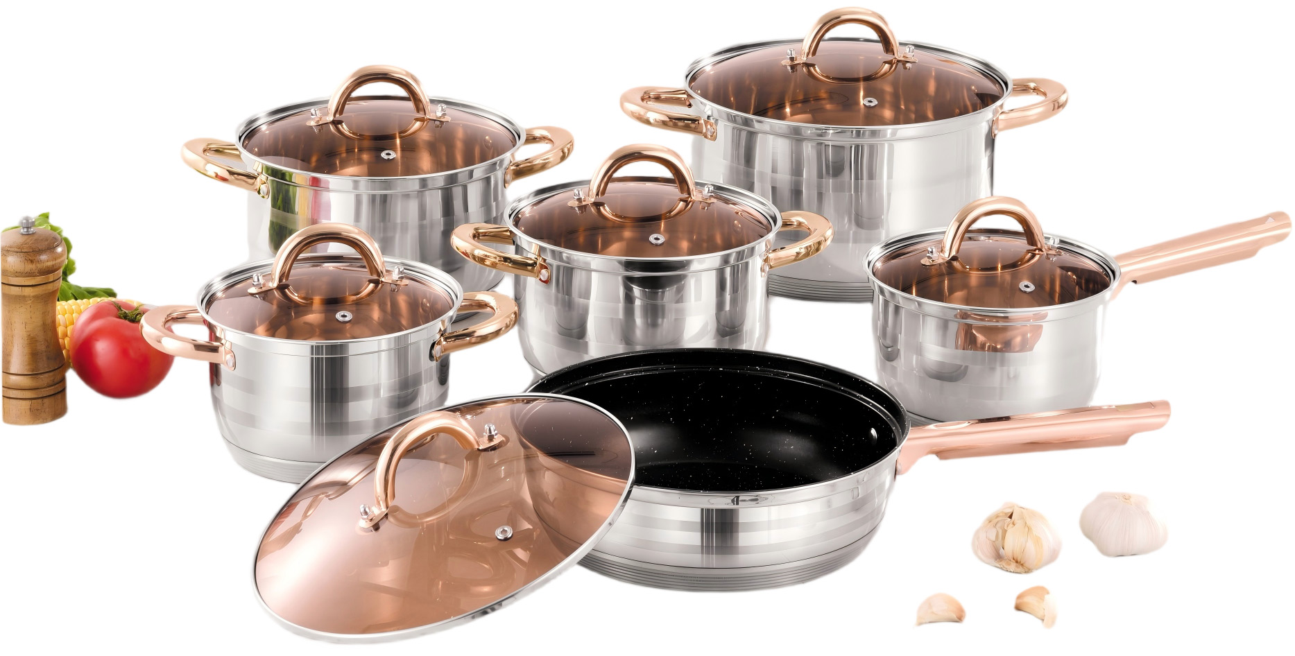 WEIHUA Rose Gold Handle 12PCS Straight Body 7-Step 5-Ply Cookware Set