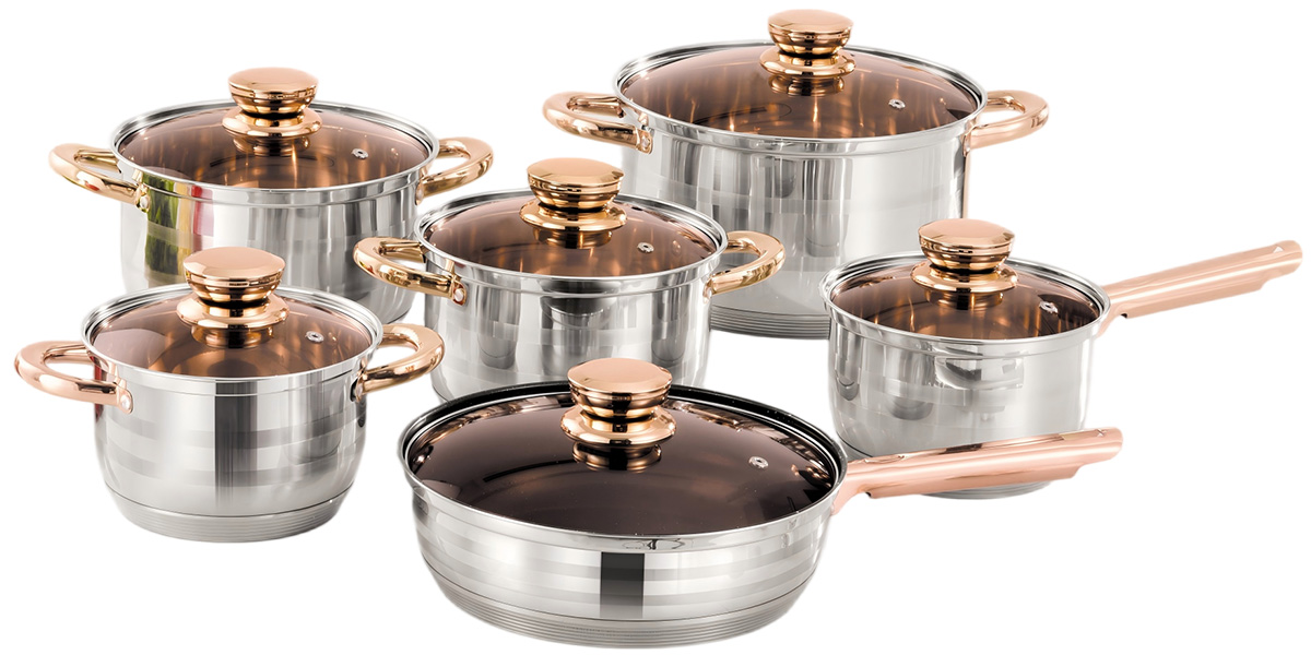 WEIHUA Rose Gold Handle 12PCS Straight 7-Step Cookware with Satin Lines