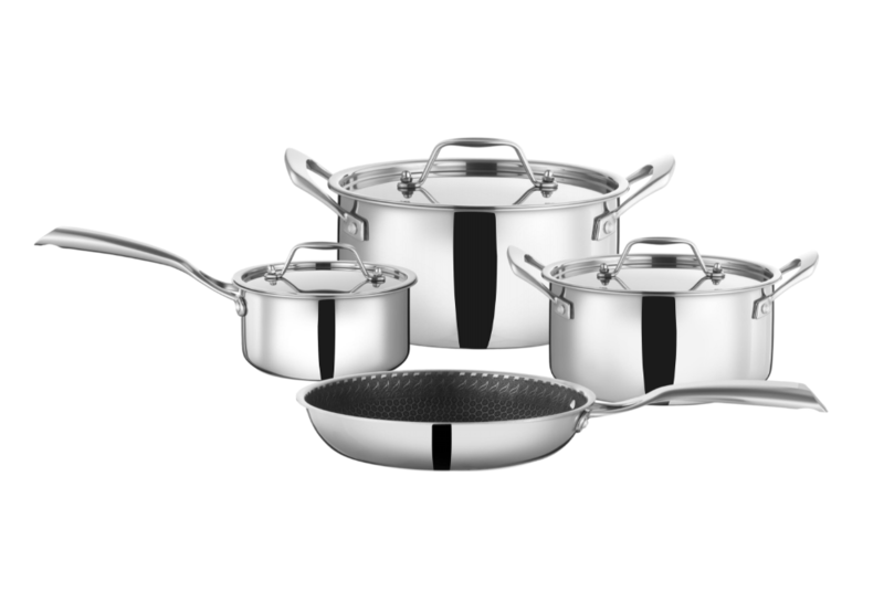 طقم أواني طهي ثلاثية الطبقات مصقولة كالمرآة مكون من 7 قطع مع مقلاة غير لاصقة بتصميم خلية النحل