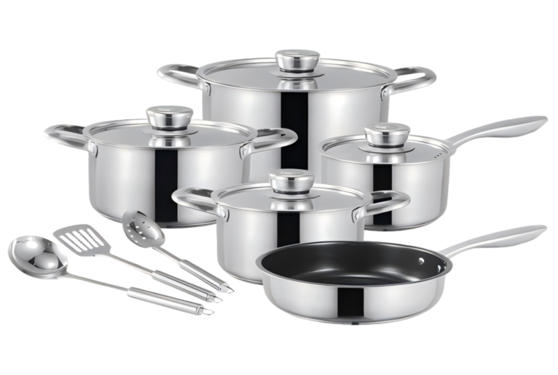 طقم أواني طهي ويهوا ذو جسم مستقيم مكون من 12 قطعة مع أغطية فولاذية وأدوات وطلاء غير لاصق