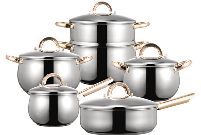 طقم أواني طهي من ويهوا بمقابض ذهبية وردية اللون، مكون من 10 قطع، مع قدر بخار وأغطية فولاذية.