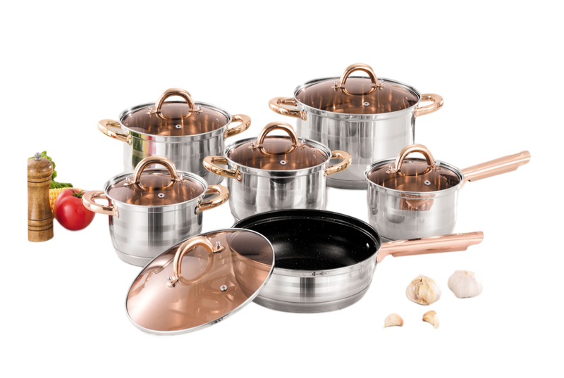 WEIHUA Rose Gold Handle 12PCS Straight Body 7-Step 5-Ply Cookware Set