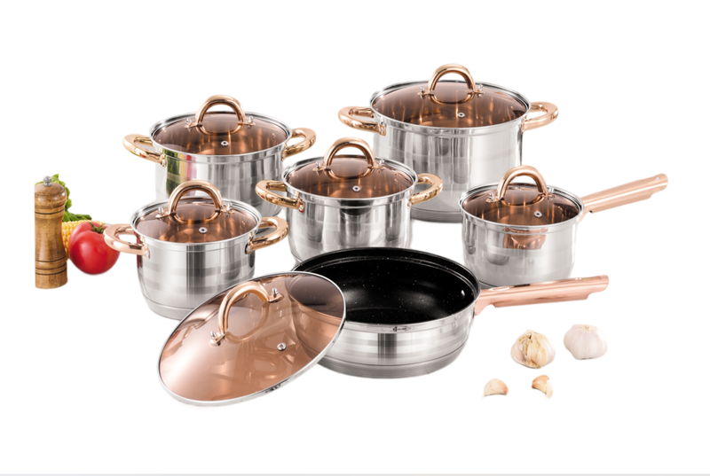 طقم أواني طهي من 12 قطعة من ويهوا، بمقابض ذهبية وردية، وجسم مستقيم، و7 خطوات، و5 طبقات.
