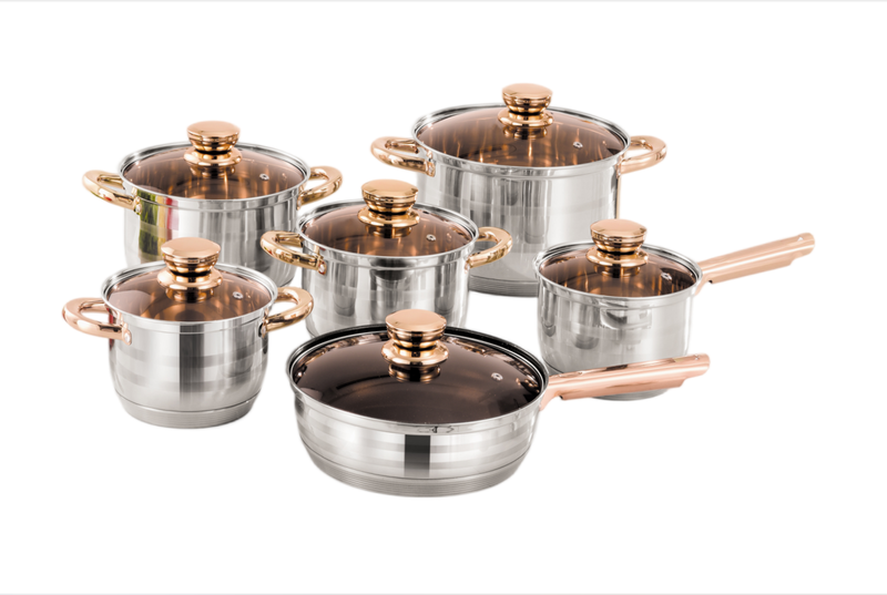 طقم أواني طهي من 12 قطعة من ويهوا بمقابض ذهبية وردية اللون، بتصميم مستقيم من 7 خطوات وخطوط ساتان.