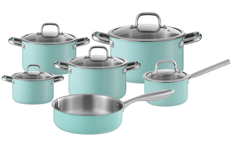 Juego de 11 piezas de utensilios de cocina WEIHUA de 3 capas con revestimiento verde y paredes rectas, interior satinado.