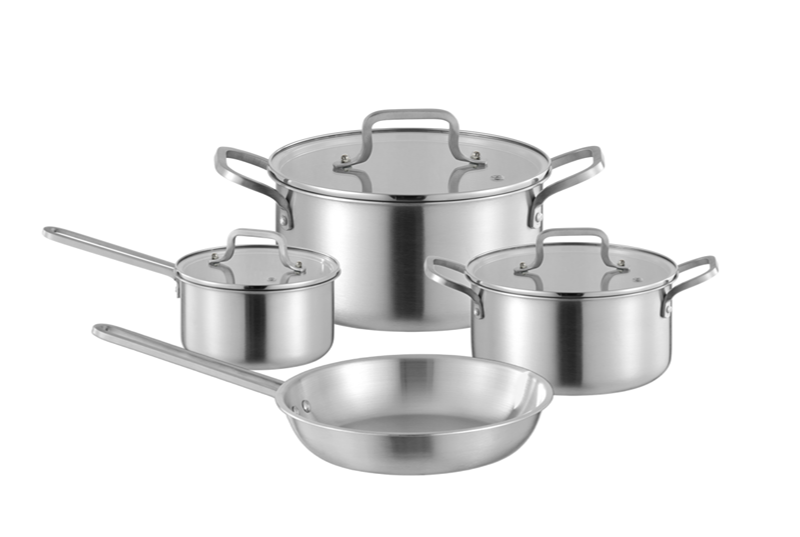 Juego de 7 piezas de utensilios de cocina WEIHUA de triple capa con mango de acero inoxidable y líneas satinadas.