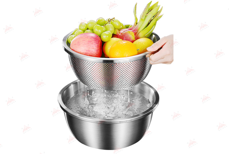 Mangkuk Basuh Beras Pelbagai Fungsi Keluli Tahan Karat WEIHUA dengan Set Colander
