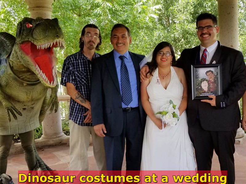 Dinosaur costumes at a wedding
