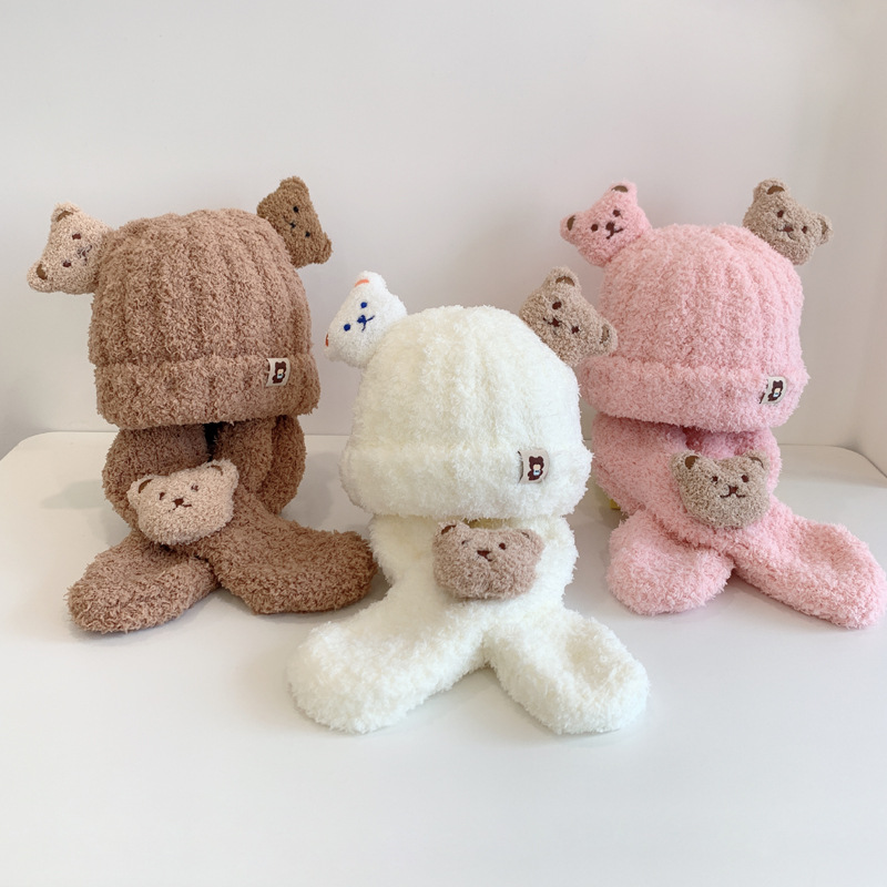 Kids Winter Plush Hats Baby Warm Animal Hat Scarf Set Outdoors cap