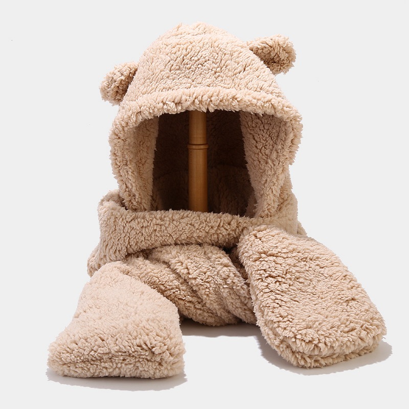 3 in 1 Women Girl Hooded Scarf With Pockets Hat Scarf Gloves Set