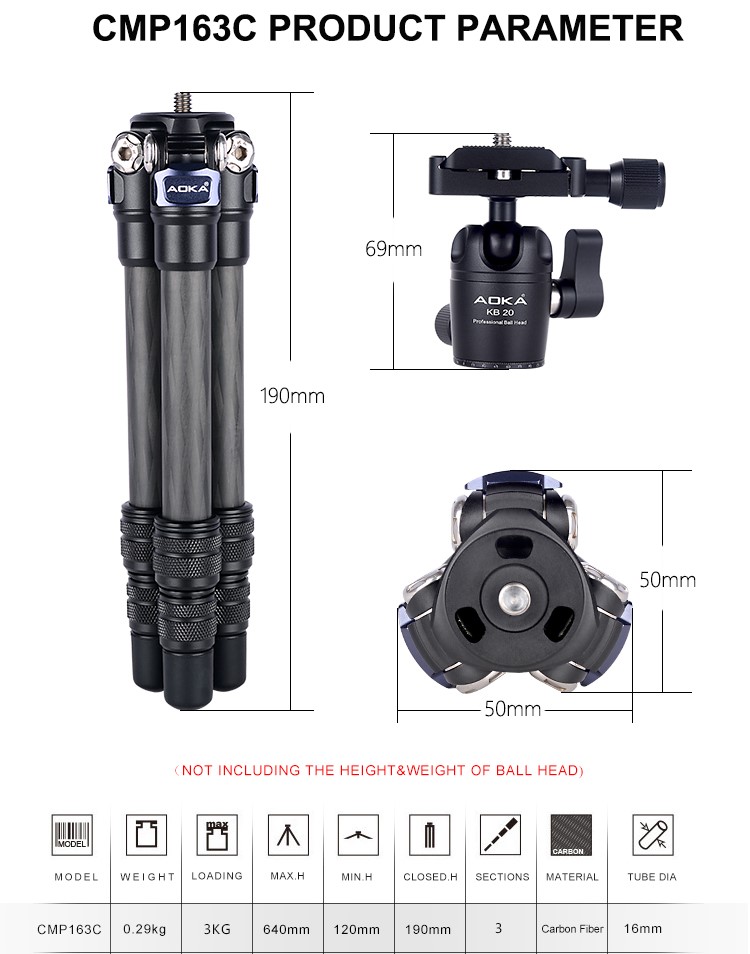 Treppiede Da Tavolo In Fibra Di Carbonio CMP163C Con Testa A Sfera KB20, 10 Strati Di Carbonio, Supporto Per Smartphone Incluso, Per Mirrorless