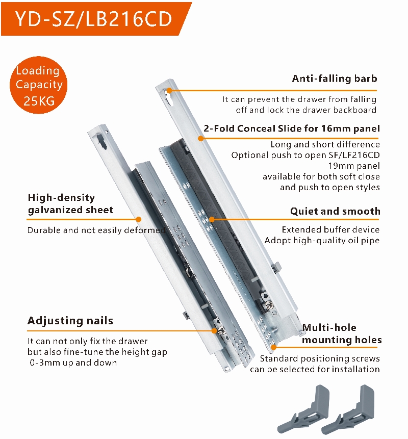 YOUDO 2 Fold Damper Drawers Channel YD-SZ216CD Soft Close Hidden Telescopic Rails Undermount Concealed Drawer Slide