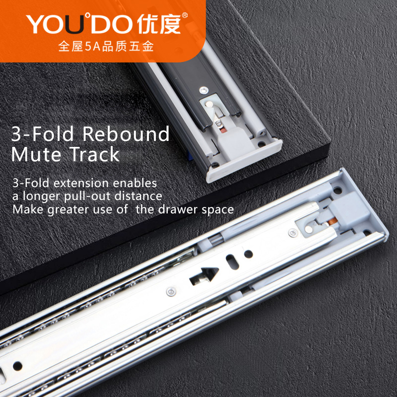 YOUDO 3-Fold Full Extension Ball Bearing Slide YD-PO4510 Rebound Push to Open Drawer Slide 45mm Cabinets Slide