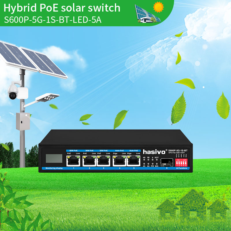 Hybrid uplink 5-port solar LED PoE sw...