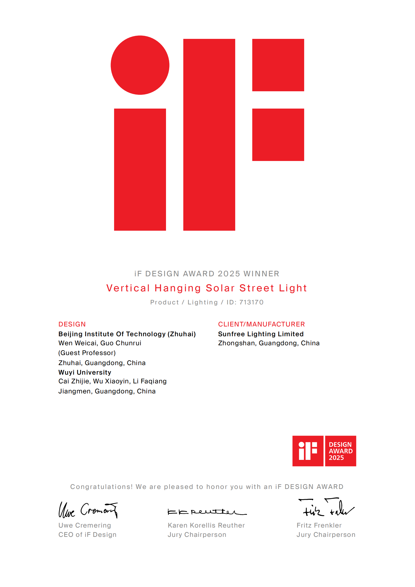 Vertically Suspended Solar Street Light Wins IF2025 Design Award