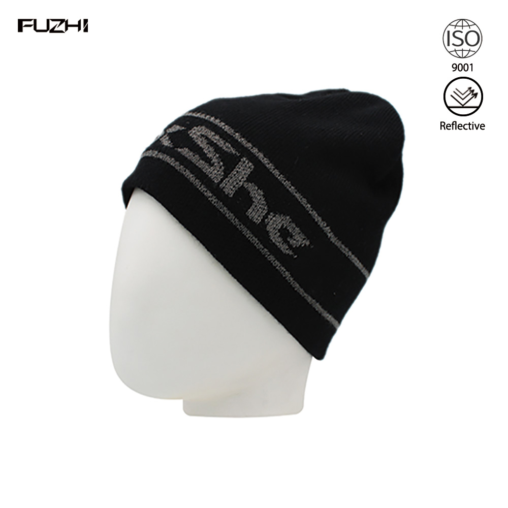 FZRB-1008 Warm knit striped letter reflective logo winter daily reflective beanie