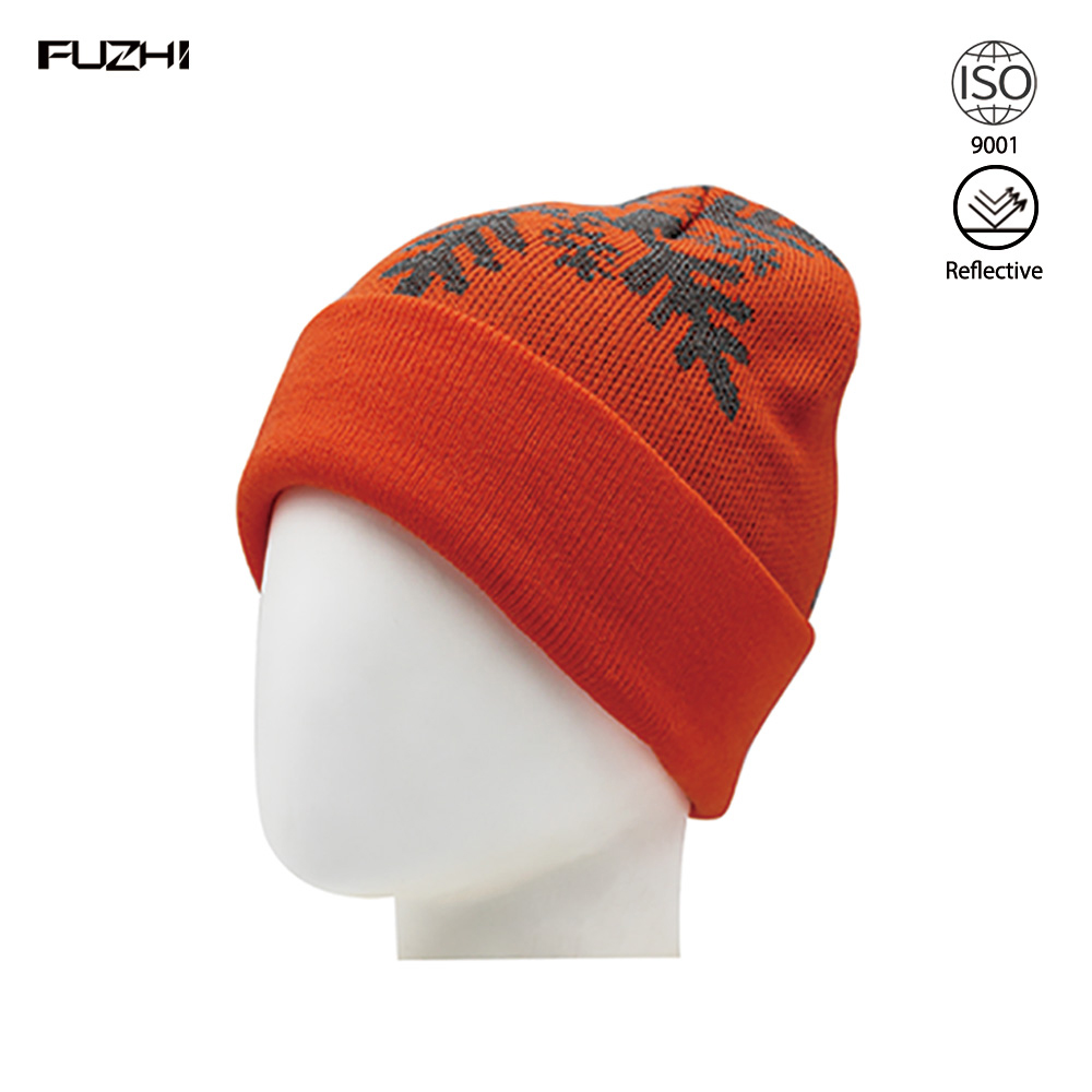 FZRB-1011 Orange knit leaf-pattern reflective warm cold-weather daily wear reflective beanie