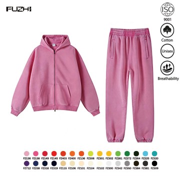 FZWH-1004 Conjunto unissex de moletom com zíper e calça, lavagem especial, alta qualidade, em tecido fleece ou felpudo.