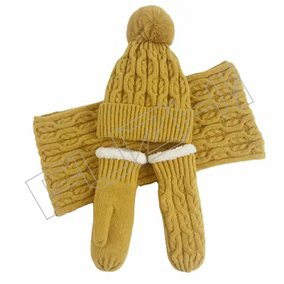Wholesale Warm Beanie Mittens Three-piece Suit Skully Soft Cashmere Wool Knitted winter hat woman...
